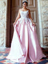 A Line Spaghetti Straps Pink Satin Backless Prom Dress with Appliques LBQ2947